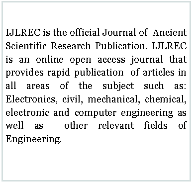 Text Box: IJLREC is the official Journal of  Ancient Scientific Research Publication. IJLREC is an online open access journal that provides rapid publication  of articles in all areas of the subject such as: Electronics, civil, mechanical, chemical, electronic and computer engineering as well as  other relevant fields of Engineering. 