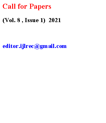 Text Box: Call for Papers(Vol. 8 , Issue 1)  2021editor.ijlrec@gmail.com